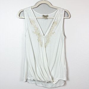 Lucky Brand White Sleeveless Blouse with Gold Embroidery